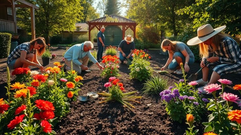 Sunlit garden scene, centered shot of diverse gardeners planting flowers, vibrant colors, lush greenery, tools scattered, elegant motion, detailed textures, shimmering sunlight, HDR perspective