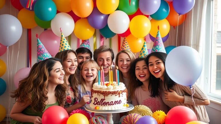 A vibrant celebration scene with balloons and cake, featuring joyful people wearing party hats, surrounded by colorful decorations, all in natural lighting and centered composition