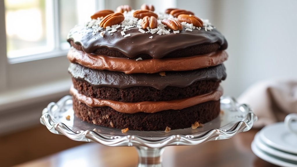 A decadent German chocolate cake, layered with rich chocolate frosting, topped with coconut and pecans, elegantly displayed on a vintage cake stand, surrounded by soft natural lighting