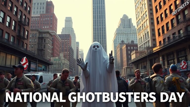 A ghostly figure in a classic New York City landscape, surrounded by iconic Ghostbusters gear, under soft natural lighting, capturing the essence of National Ghostbusters Day