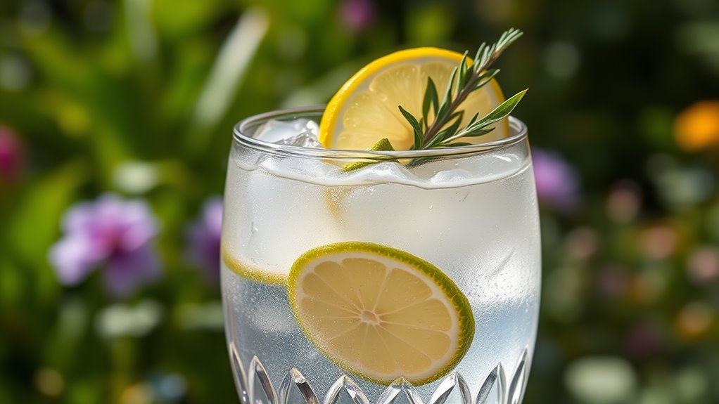 A close-up of a perfectly crafted gin and tonic, garnished with fresh lime and aromatic herbs, glistening in a crystal glass, set against a lush garden backdrop