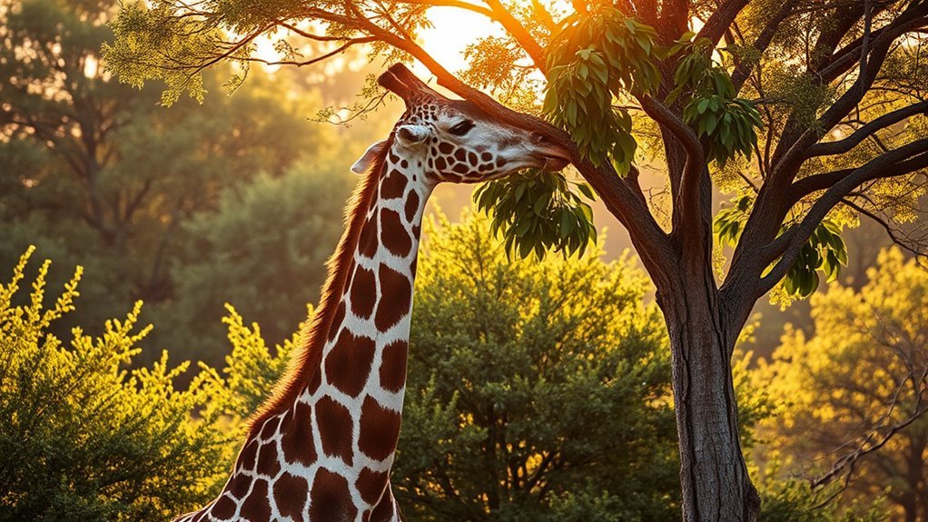 A majestic giraffe gracefully eating leaves from a tall acacia tree, surrounded by vibrant greenery, under soft golden sunlight, captured in stunning detail and clarity