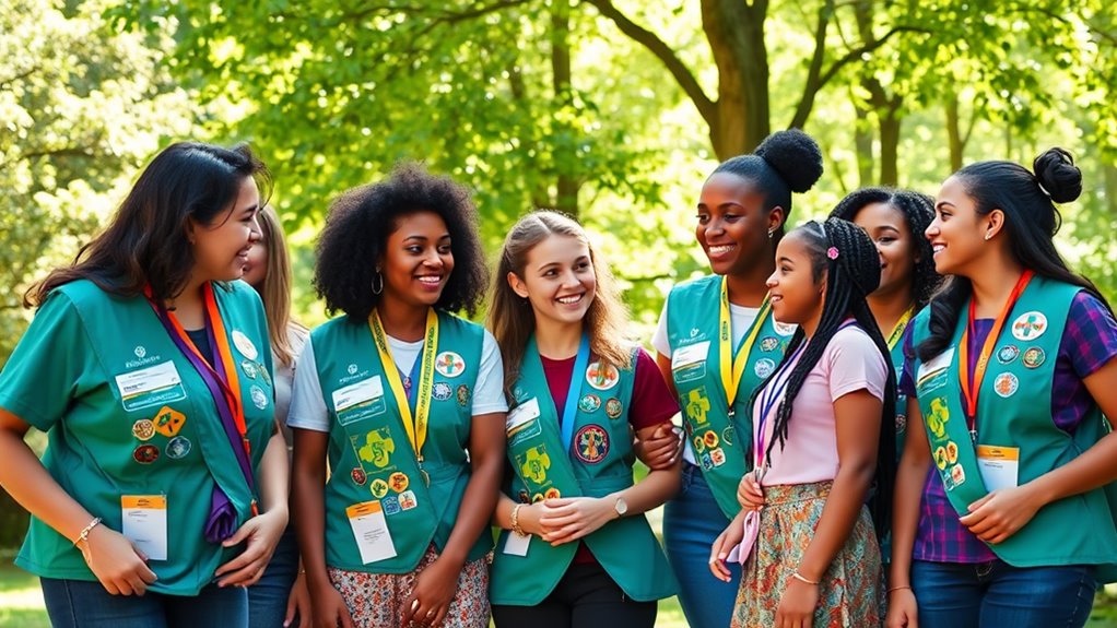 A group of diverse Girl Scout leaders, wearing sashes filled with badges, joyfully engaging with girls outdoors, surrounded by lush trees and sunlight filtering through leaves