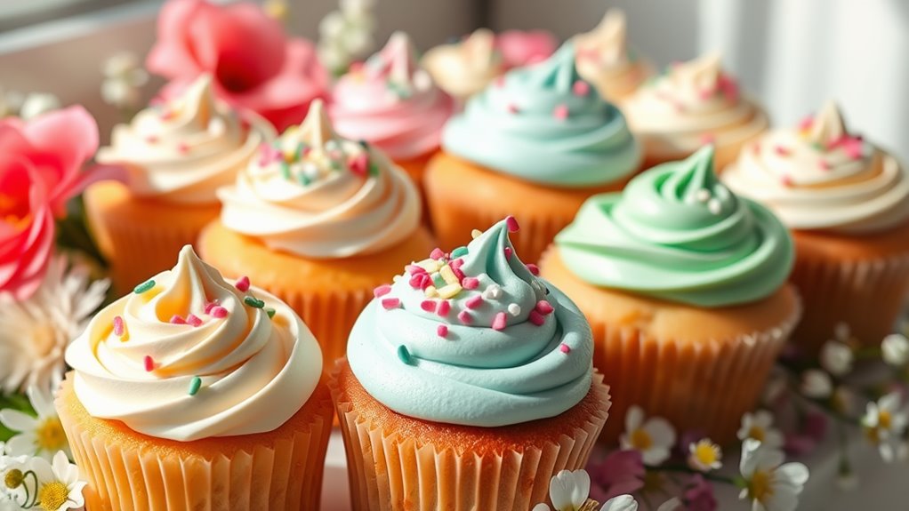 A beautifully arranged display of colorful cupcakes, topped with whimsical frosting and sprinkles, surrounded by delicate flowers, captured in soft natural lighting