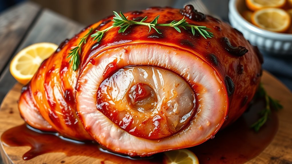 A beautifully glazed spiral ham, golden-brown with a shiny caramelized surface, garnished with fresh herbs and citrus slices, elegantly displayed on a rustic wooden table