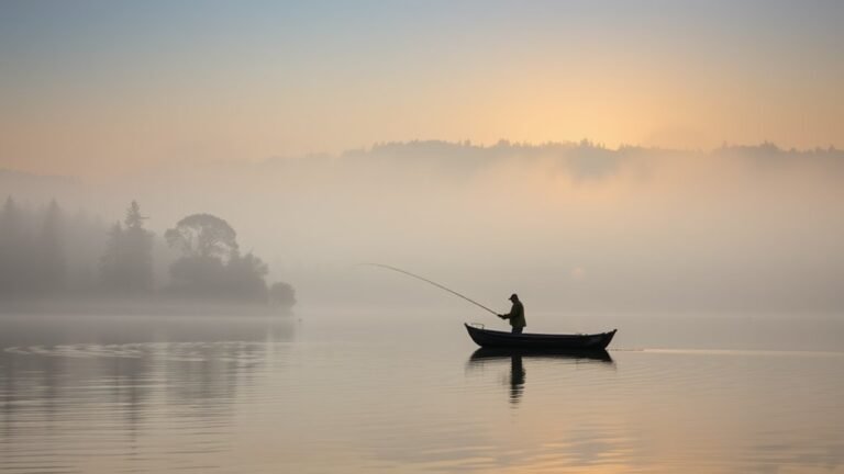 A serene lake at sunrise, with a lone fisherman casting a line from a small boat, surrounded by misty trees and shimmering water reflections