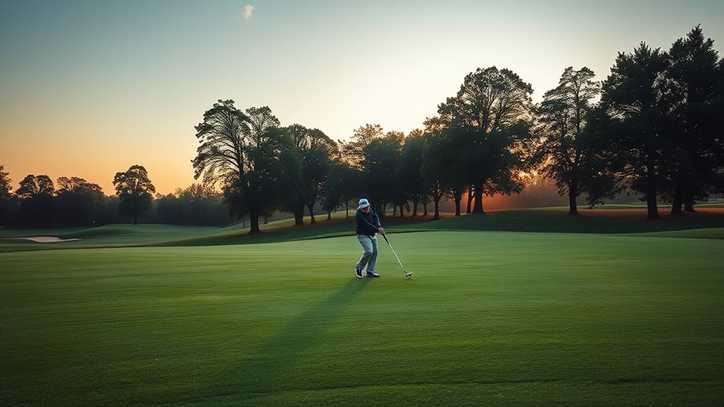 A serene golf course at sunrise, dew-kissed grass glistening, a lone golfer in a classic outfit preparing to tee off, trees lining the fairway