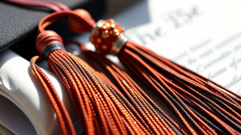 A close-up of a shimmering graduation tassel, elegantly draped over a diploma, with natural lighting highlighting the rich colors and intricate details