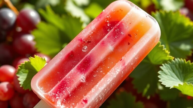 A vibrant, close-up shot of a luscious grape popsicle, glistening in sunlight, surrounded by fresh grapes and green leaves, exuding a refreshing summer vibe