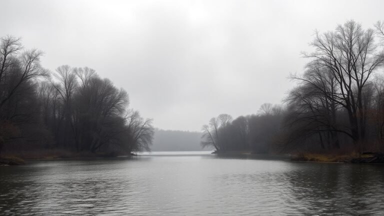 A serene landscape featuring a misty gray sky above a tranquil lake, surrounded by elegant gray trees, reflecting shimmering water, captured in natural lighting