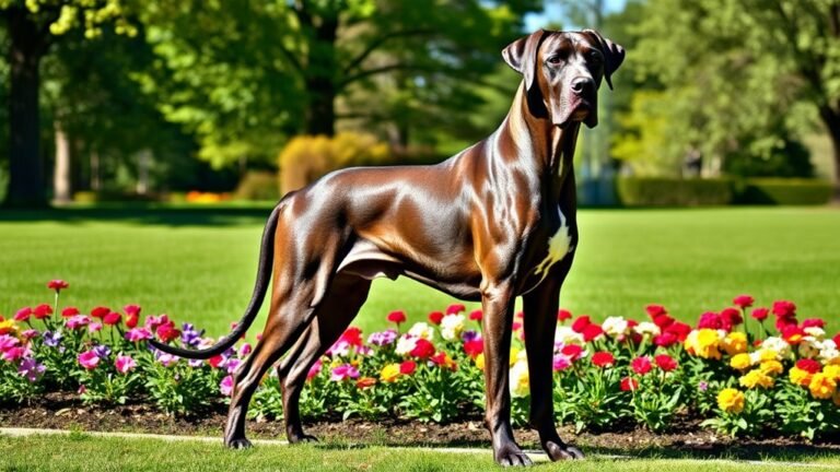 A majestic Great Dane standing proudly in a sunlit park, surrounded by colorful flowers, showcasing its elegant stature and shimmering coat in stunning detail