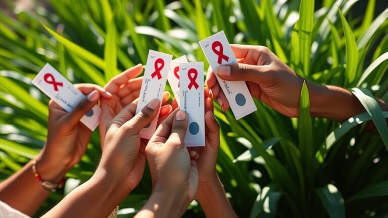 A close-up of diverse hands holding HIV testing kits, glistening in natural sunlight, surrounded by vibrant greenery, capturing a moment of hope and awareness