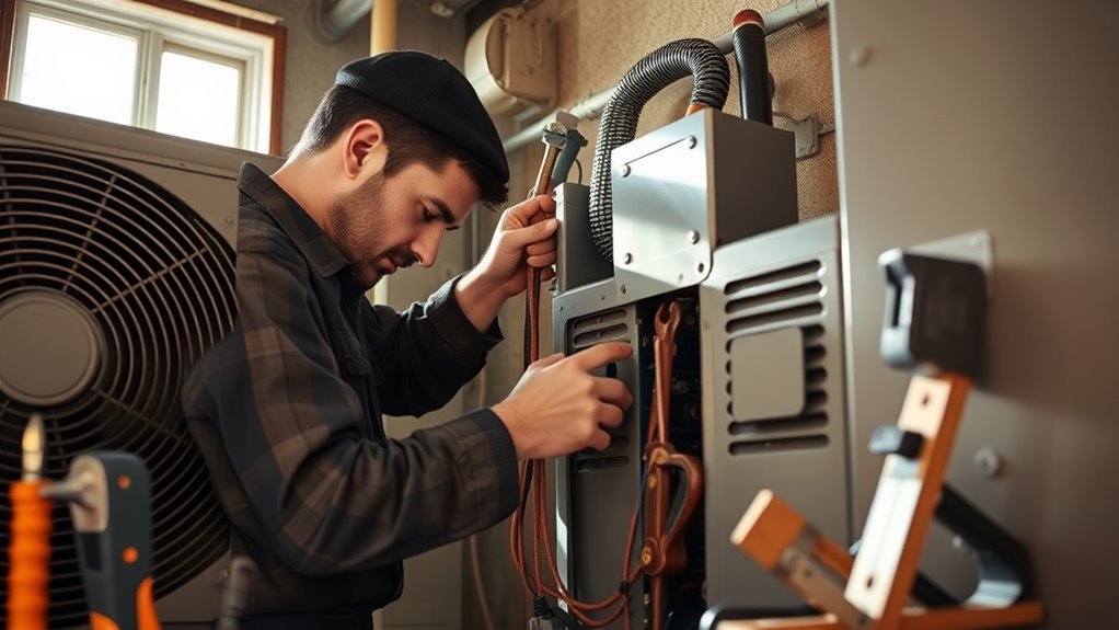 A skilled HVAC technician working on an air conditioning unit, surrounded by tools, with sunlight streaming through a window, highlighting intricate details and craftsmanship