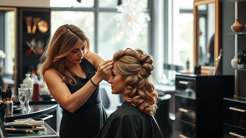 A beautifully arranged salon scene featuring a hairstylist expertly crafting an elegant hairstyle on a client, surrounded by shimmering tools and natural light, captured in stunning detail