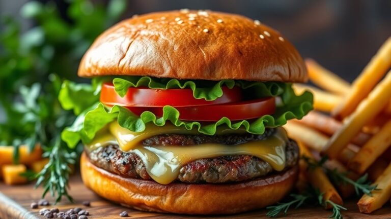 A perfectly stacked gourmet hamburger with a glossy brioche bun, vibrant lettuce, juicy tomato, melted cheese, and a glistening patty, surrounded by fresh herbs and artisanal fries