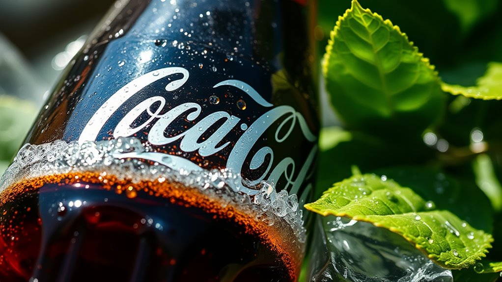 A close-up of a chilled glass bottle of Coke, condensation glistening in natural light, surrounded by ice cubes and vibrant green leaves, capturing the essence of refreshment