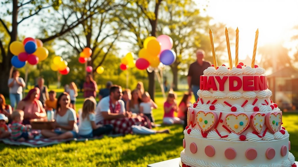 A vibrant celebration scene featuring a sunlit park filled with families enjoying a picnic, colorful balloons, and a large cake adorned with "Hayden" decorations