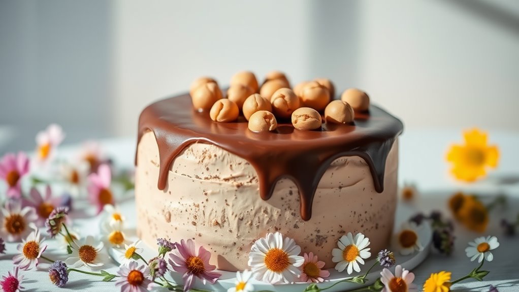 A luxurious hazelnut cake adorned with rich chocolate ganache, topped with whole hazelnuts, surrounded by delicate edible flowers, captured in soft natural lighting