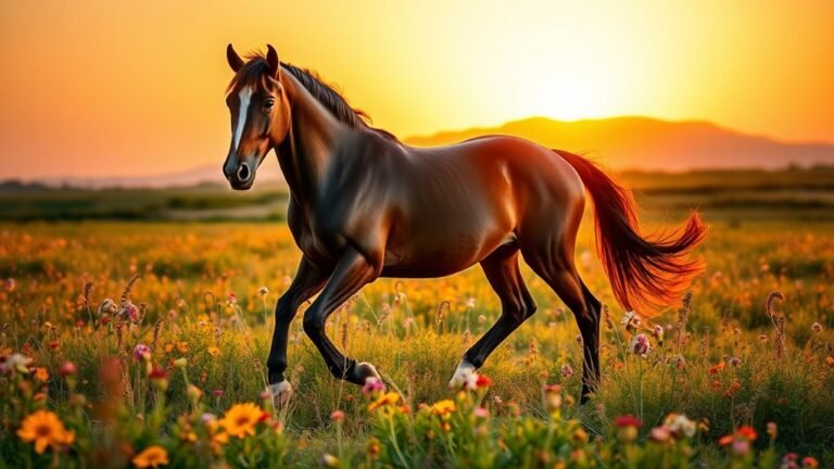 A serene pasture at golden hour, featuring a majestic horse with a glossy coat, gracefully trotting amidst vibrant wildflowers, capturing the essence of equine beauty