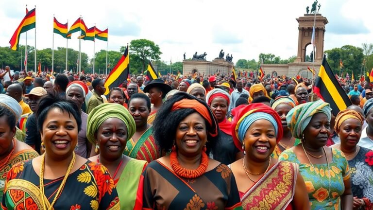 A vibrant scene of Ugandans celebrating National Heroes Day, featuring traditional attire, joyful faces, and iconic monuments, captured in rich colors and natural lighting