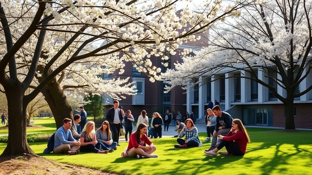 A vibrant university campus in spring, showcasing diverse students engaged in learning, surrounded by blossoming trees, with sunlight filtering through leaves, creating a warm, inviting atmosphere