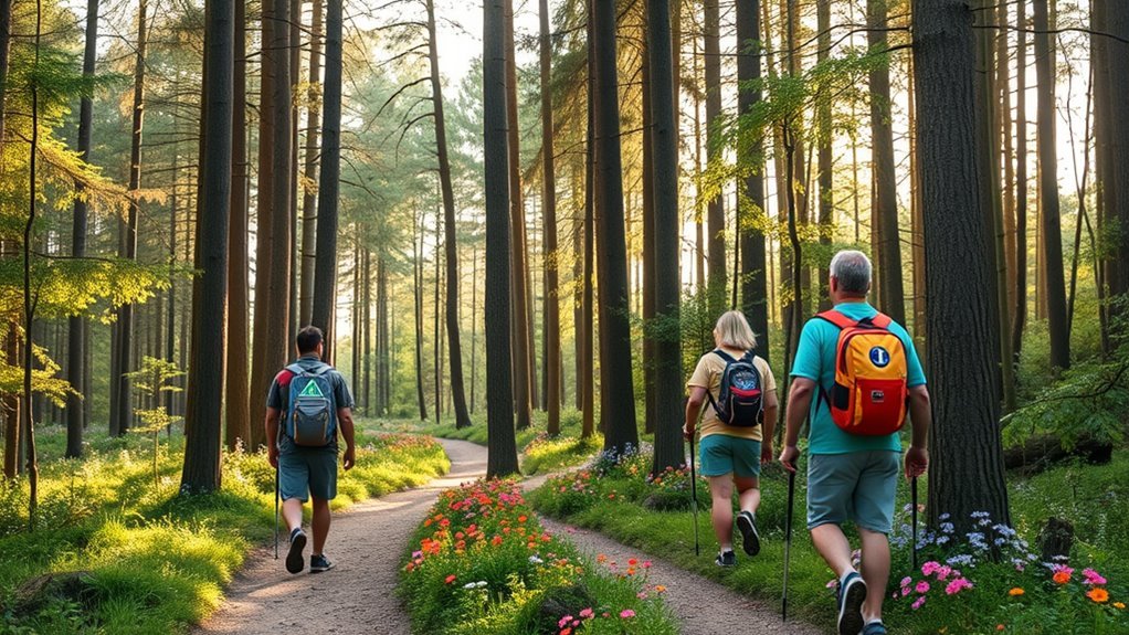 A serene forest path winding through tall trees, with hikers in colorful geek-themed attire, backpacks adorned with patches, sunlight filtering through leaves, vibrant wildflowers along the trail