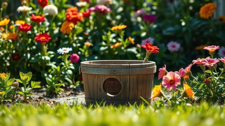 A serene garden scene featuring a wooden bucket with a noticeable hole, surrounded by vibrant flowers and sunlight glistening on the ground, captured in rich detail