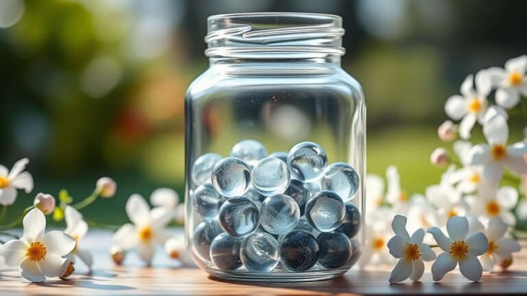 A gleaming, transparent honesty jar filled with shimmering marbles, surrounded by soft natural lighting, delicate flowers, and a serene outdoor backdrop, centered in perfect focus