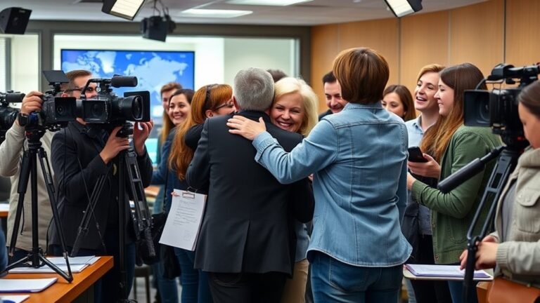 A cozy newsroom scene with journalists exchanging warm hugs, surrounded by cameras and notepads, vibrant colors and smiles