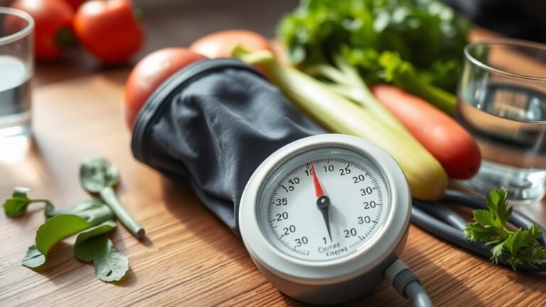 A close-up of a blood pressure cuff resting on a wooden table, surrounded by fresh green vegetables and a glass of water, under soft natural lighting
