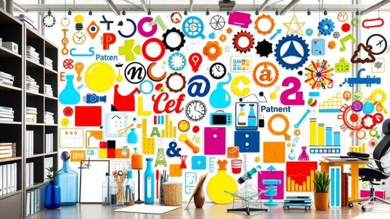 A vibrant collage of diverse intellectual properties: patents, trademarks, and copyrights, elegantly arranged within a sunlit workspace, exuding creativity and innovation