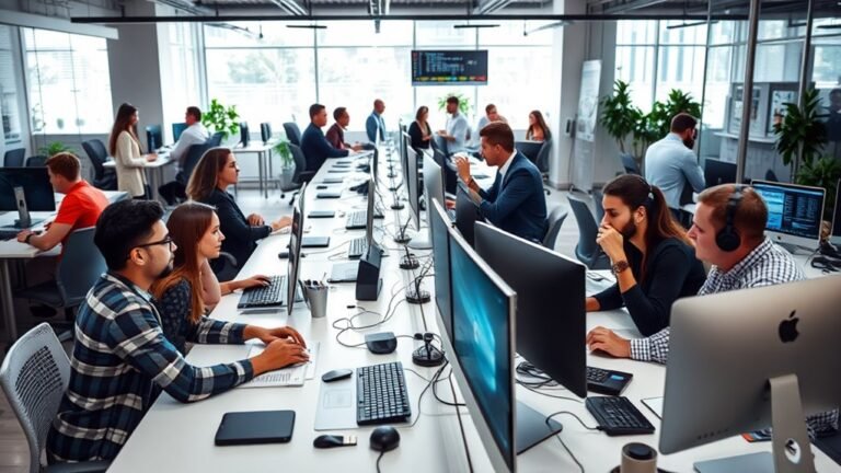 A bustling office environment showcasing diverse IT professionals collaborating at sleek desks, surrounded by high-tech gadgets and glowing screens, bathed in natural light