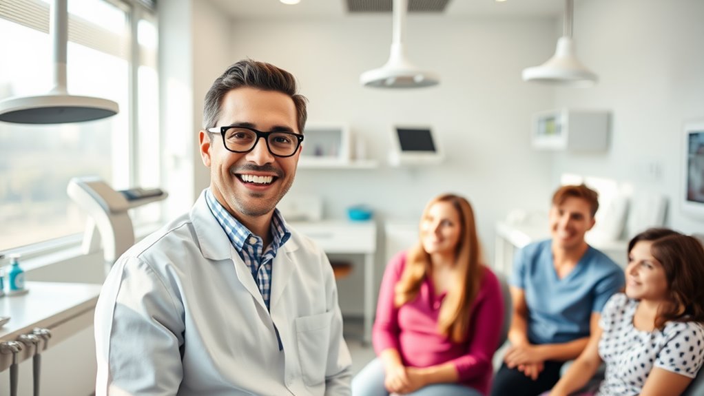 A cheerful dentist in a bright, modern clinic, surrounded by dental tools and smiling patients, with a warm, inviting atmosphere and natural light streaming in