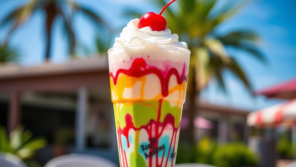 A vibrant ice cream soda in a tall glass, with layers of colorful syrups, whipped cream, and a cherry on top, set against a sunny backdrop