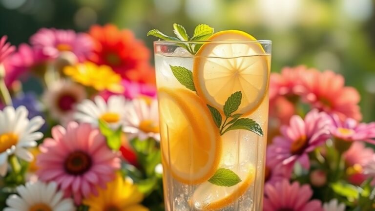 A refreshing glass of iced tea filled with vibrant lemon slices and fresh mint, glistening in natural sunlight, surrounded by colorful summer flowers