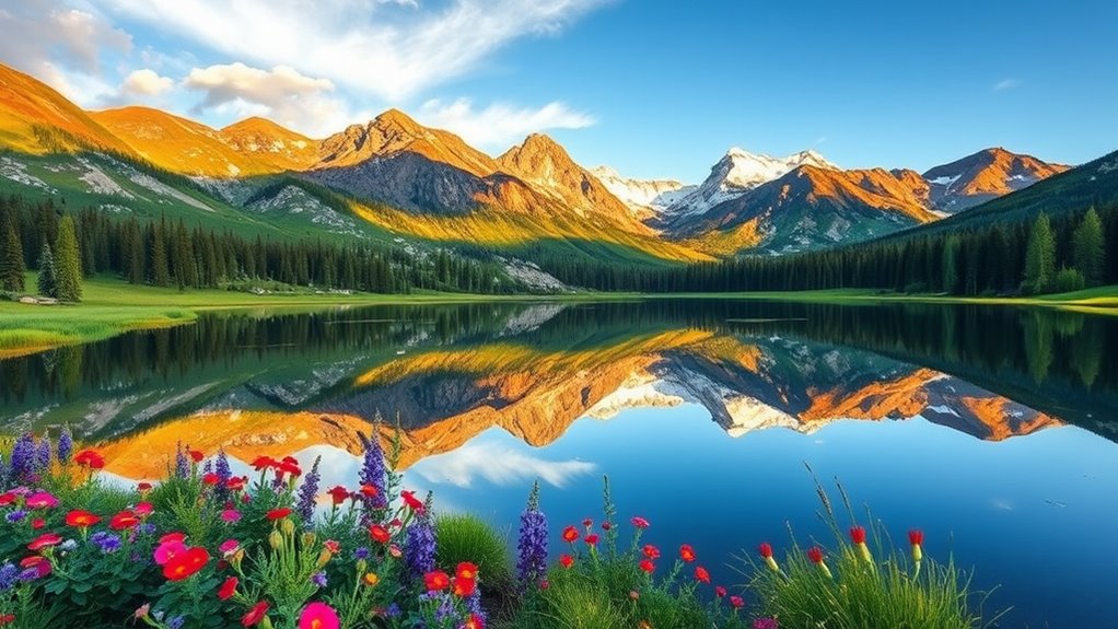 A stunning landscape of Idaho's mountains reflected in a serene lake, surrounded by vibrant wildflowers and lush greenery, captured in natural lighting with an elegant composition