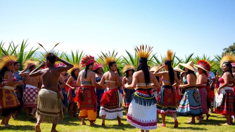 A vibrant gathering of Indigenous dancers in traditional attire, surrounded by lush greenery, under a clear blue sky, capturing the essence of cultural celebration