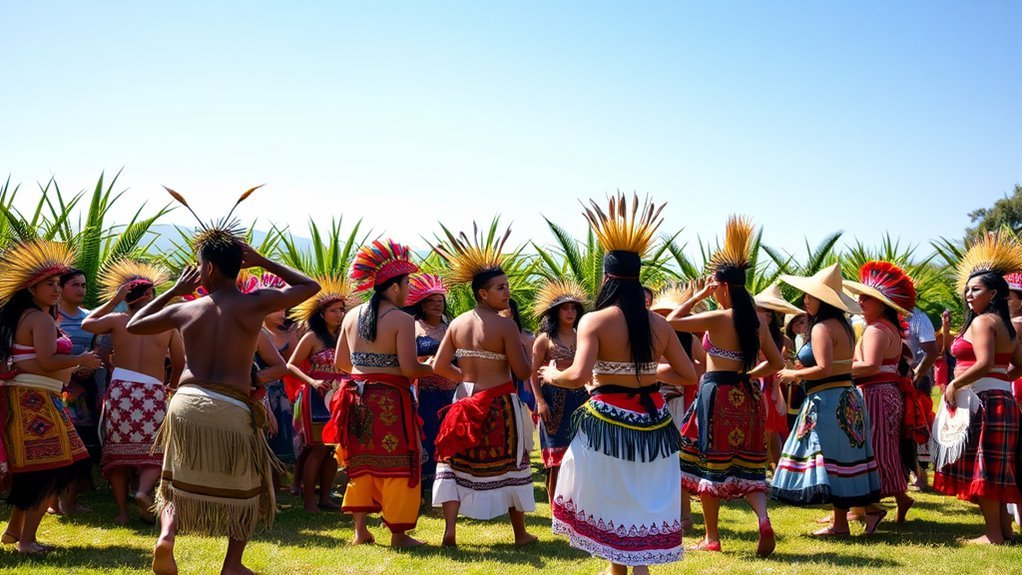 A vibrant gathering of Indigenous dancers in traditional attire, surrounded by lush greenery, under a clear blue sky, capturing the essence of cultural celebration