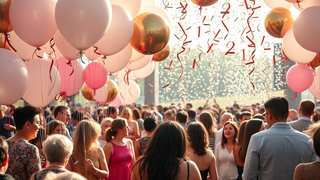 A grand celebration scene with elegant balloons, shimmering confetti, and diverse people joyfully interacting, all under natural sunlight, captured in exquisite detail