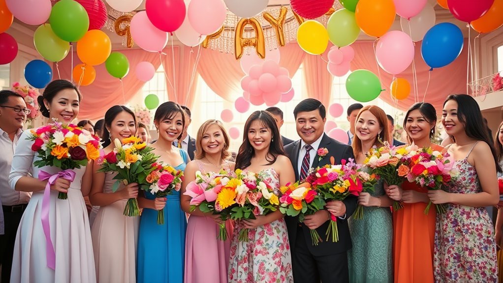A radiant celebration scene with elegantly dressed people holding vibrant flowers and balloons, surrounded by colorful decorations, all under soft natural lighting