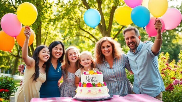 A radiant garden scene with a joyful family celebrating, surrounded by vibrant balloons and a beautifully decorated cake, sunlight filtering through lush trees