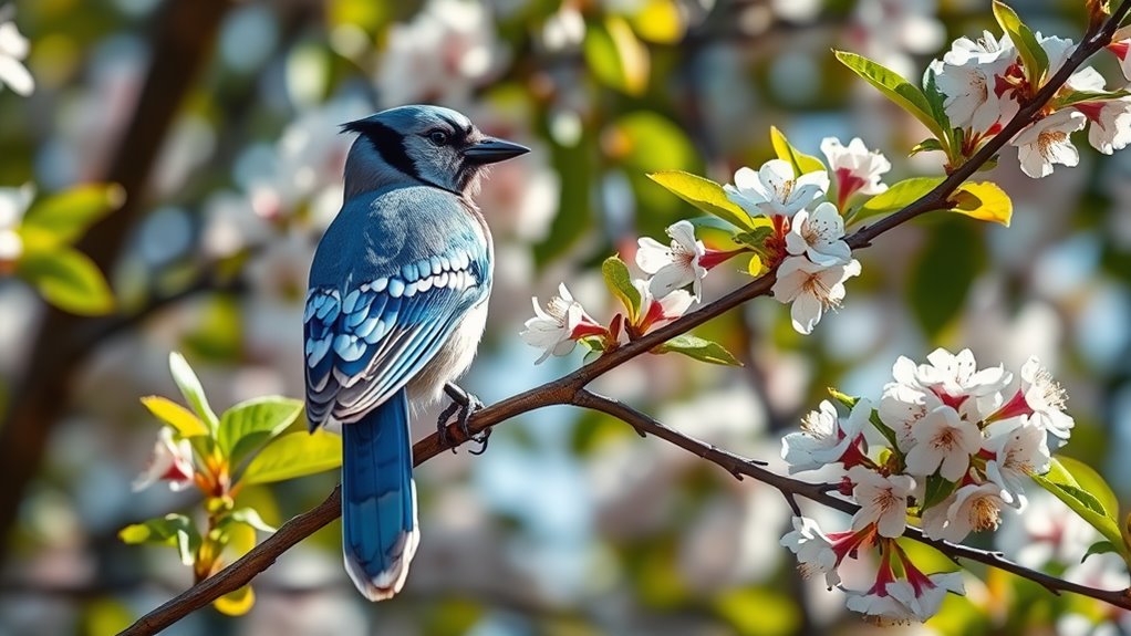 A vibrant blue jay perched gracefully on a blossoming branch, sunlight filtering through leaves, creating a shimmering effect, capturing every feather's detail in stunning clarity