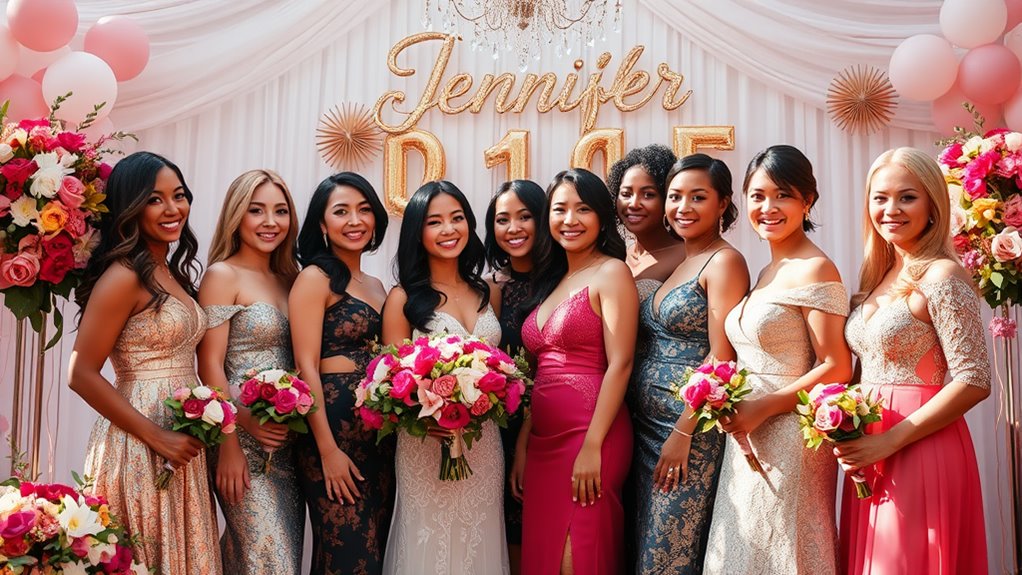 A graceful celebration scene featuring a diverse group of women named Jennifer, adorned in elegant outfits, surrounded by vibrant floral arrangements and shimmering decorations, under soft natural lighting