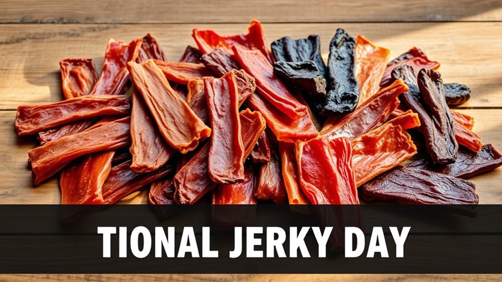 A vibrant display of assorted jerky types on a rustic wooden table, natural lighting highlighting the textures, colors, and flavors, elegantly arranged for National Jerky Day