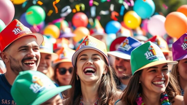 A vibrant celebration scene featuring a joyful crowd wearing colorful Jimmy hats, with balloons and confetti, captured in natural lighting, showcasing laughter and community spirit