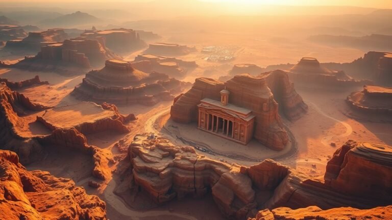A breathtaking aerial view of the stunning landscapes of Jordan, featuring the ancient city of Petra amidst vibrant desert hues under soft, natural sunlight