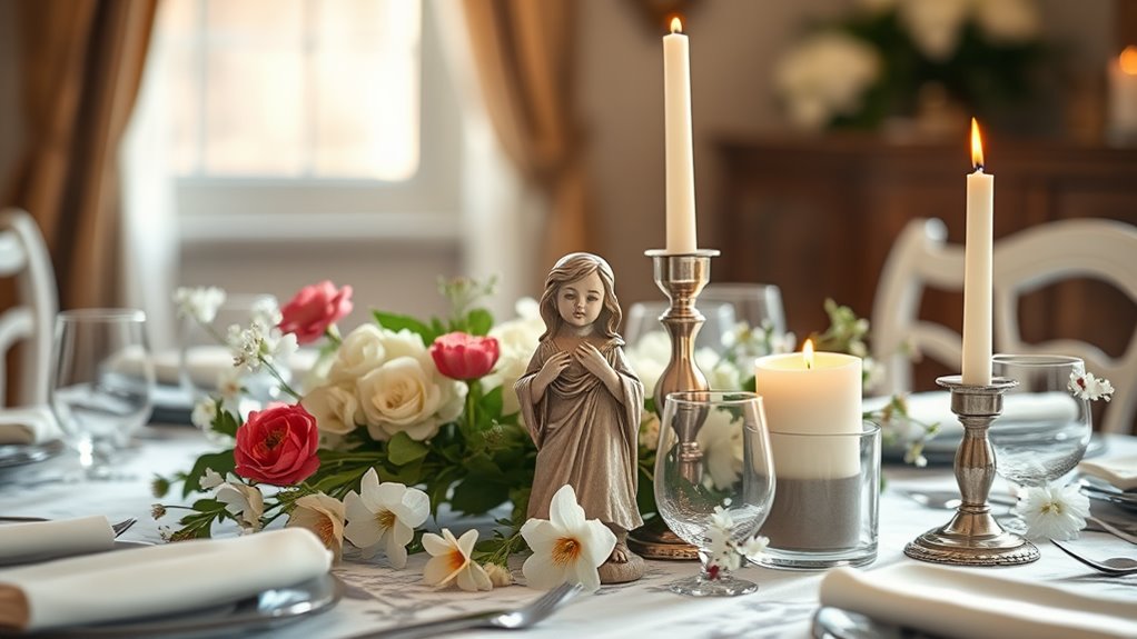 A beautifully arranged table setting adorned with a vintage Joseph figurine, surrounded by delicate flowers and candles, bathed in soft, natural light