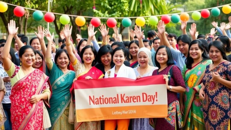 A lively outdoor gathering featuring diverse individuals joyfully celebrating National Karen Day, adorned in colorful outfits, surrounded by festive decorations, under soft natural lighting