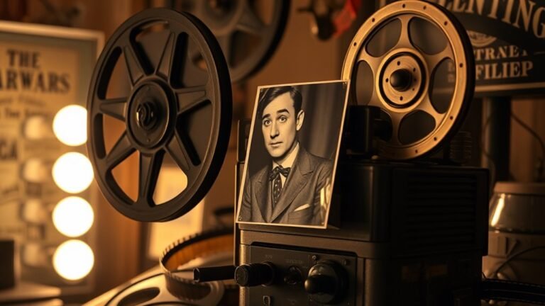 A vintage film projector casting soft, warm light onto a classic black-and-white photo of Buster Keaton, surrounded by film reels and nostalgic memorabilia