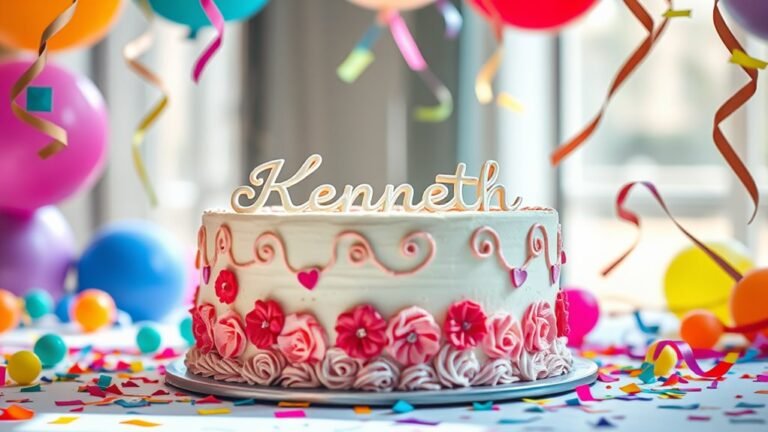 A beautifully decorated cake with "Kenneth" written in elegant script, surrounded by colorful balloons and confetti, under soft natural lighting, centered in the frame